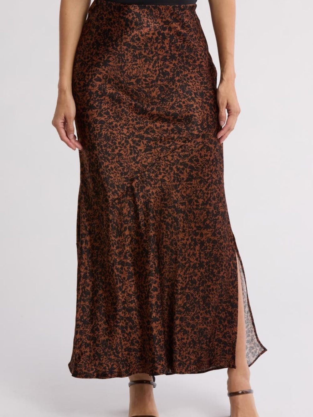 Melrose and Market Floral Satin Maxi Skirt Brown Black Side Slit
